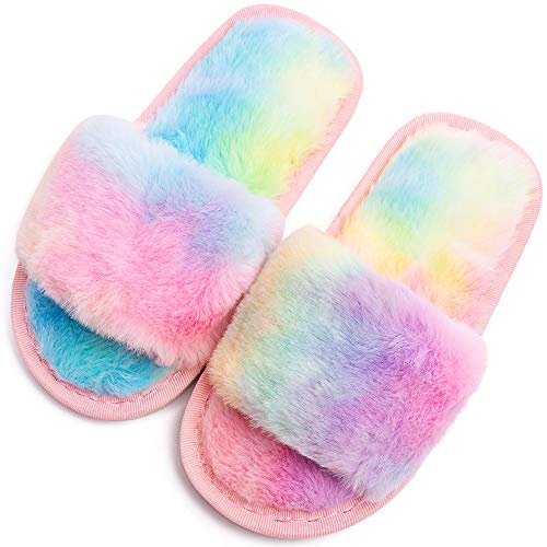 Boys Girls Fuzzy House Slippers Cute Comfy Faux Fur Slip On Fluffy Plush Open Toe Home Slides for Kids Indoor Outdoor Warm Shoes (Rainbow, numeric_12_point_5)